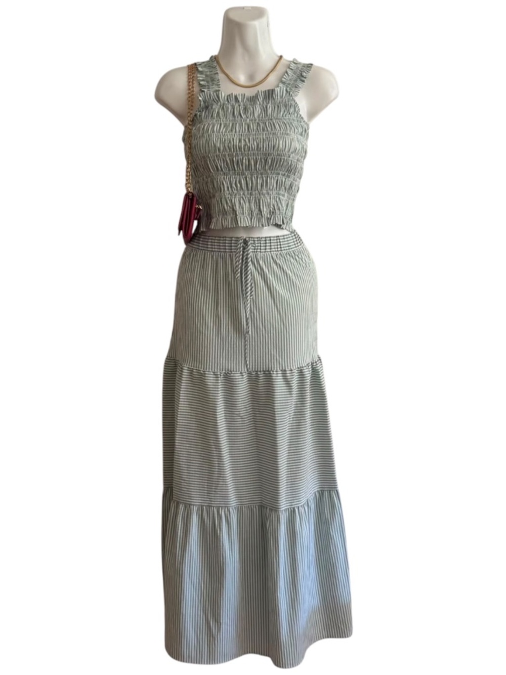 NWT GLG Green Striped Smocked Maxi Skirt Set S